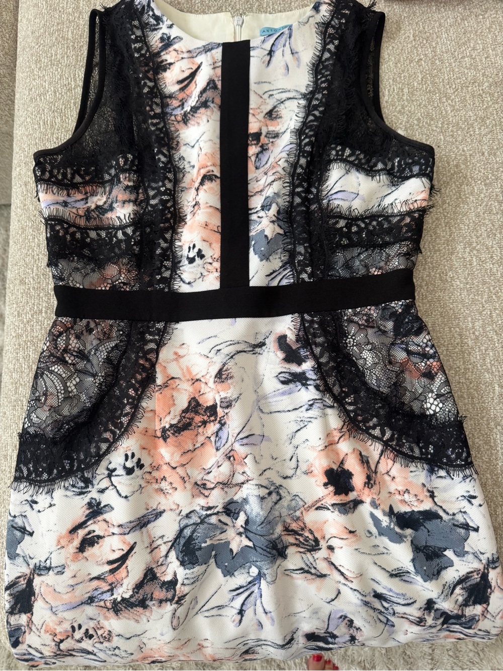 Antonio Melani Floral Lace-Trim Dress in White, Black & Blush